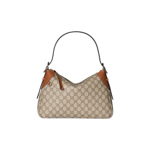 GUCCI GG Emblem Монограмма Покрытая Ткань Сумка через плечо Сумка Средняя Женская Бежевая и Темно-Коричневая