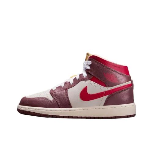 Jordan Air Jordan 1 Устойчивый к истиранию MID Топ Детские Баскетбольные кроссовки Белый Коричневый Красный