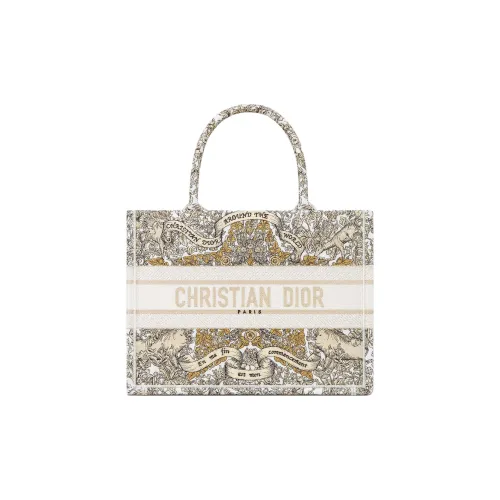 DIOR BookTote Хлопок с коровья кожа Тоут Сумка Сумка для покупок Сумка среднего размера Женская Молочно-белая