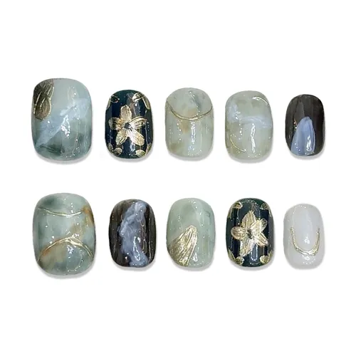 XIAMEIYU Зеленый и золотой цветочный дизайн смешанный искусственный ногтик короткий квадратный и круглый 15 мм