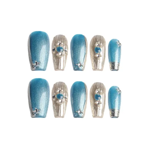 Yun Yue Joe Brachetti Винтажный синий Кошачий глаз Синий Дворцовый стиль Шампанское золото False Nail Средний LADDER 25 мм