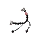 Чёрные бусины, ткань вязаная - розовый лев