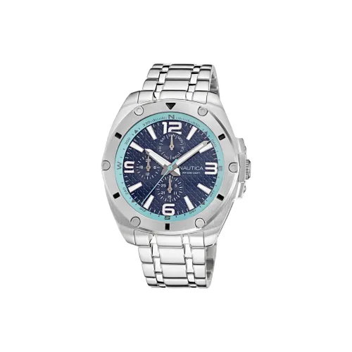 NAUTICA Мужские часы Кварцевый механизм Ремешок из нержавеющей стали 44 мм Синий циферблат