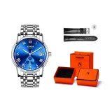 Серебряный корпус, синий циферблат.