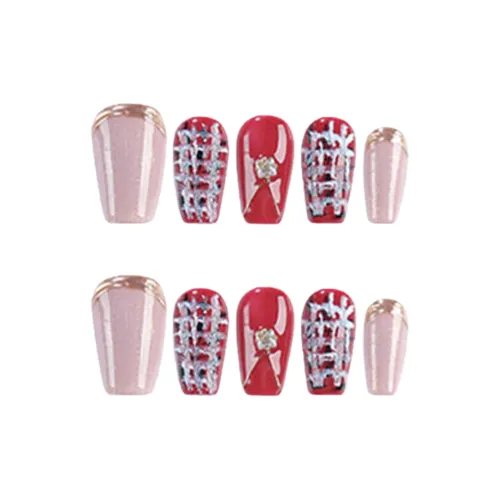 Yun Yue Joe Rhinestone Embellished Handcrafted Красный Розовый Клетка False Nail Короткий LADDER 20mm