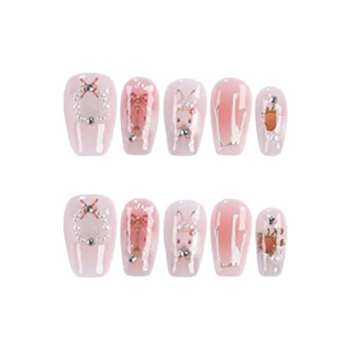 Yun Yue Joe Ручной 3D-эффект Кожа Ухаживающий Милый кролик Градиентный False Nail Короткий LADDER Розовый Смузи 15мм