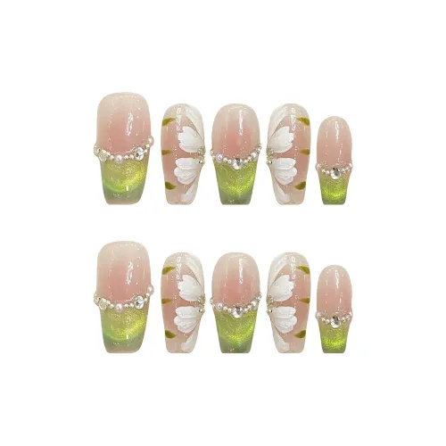 Yun Yue Joe Роскошь Осветляющий Ледяной Цветочный Дизайн Зеленый Розовый Румяна Градиент Сияние False Nail Средний LADDER 25мм