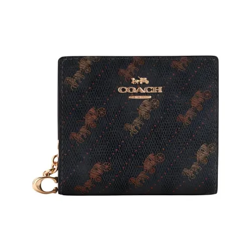 COACH Snap Wallet Холст с покрытием и гладкая кожа Держатель для карт кошелек Маленький Женский Коричневый Черный