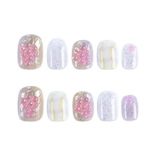 Yun Yue Joe Сладкий Розовый Осветляющий Ручной Клетчатый Золотой Сияние False Nail Короткий LADDER 15 мм