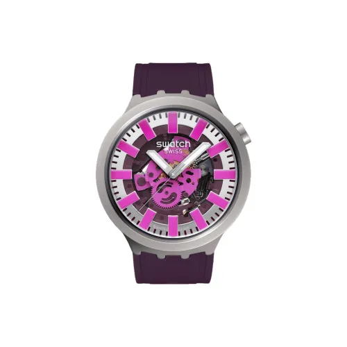 Swatch Essentials Collection Кварцевый механизм Унисекс Часы 47 мм Фиолетовый Циферблат Часы Корпус из нержавеющей стали Резиновый ремешок