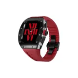 Серебряный корпус, черный ободок, красный ремень из фторокарбоната