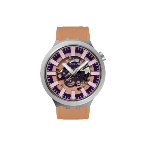 Swatch Essentials Collection Кварцевый механизм Унисекс Часы 47 мм Розовый циферблат Корпус из нержавеющей стали Резиновый ремешок