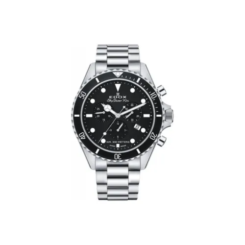EDOX Кварцевый механизм Мужские часы Часы 44 мм Черный циферблат Корпус из нержавеющей стали Ремешок из нержавеющей стали