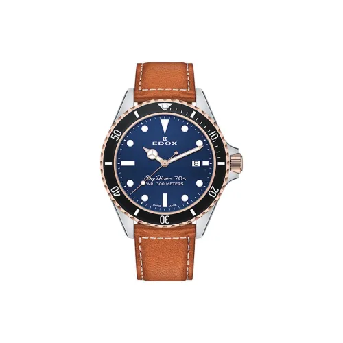 EDOX Кварцевый механизм Мужские часы Часы 42 мм Синий циферблат Корпус из нержавеющей стали Ремешок из натуральной кожи