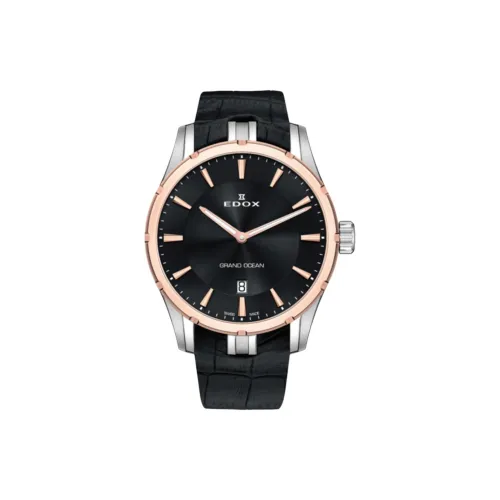 EDOX Кварцевый механизм Мужские часы Часы 41 мм Черный циферблат Корпус из нержавеющей стали Кожаный ремешок