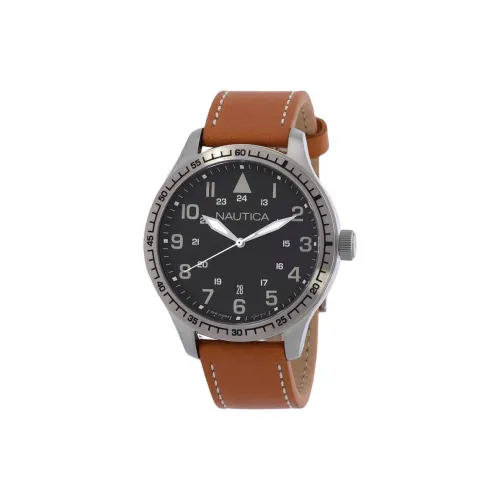 NAUTICA Наручные часы Кварцевый механизм Кожаный ремешок 44 мм Черный циферблат Мужские часы