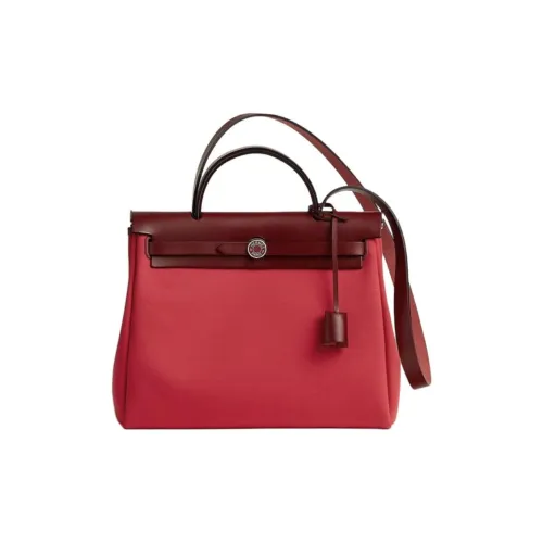 HERMES Herbag Zip Холст и Кожа Сумка через плечо Сумка Женская Красная и Темно-Красная