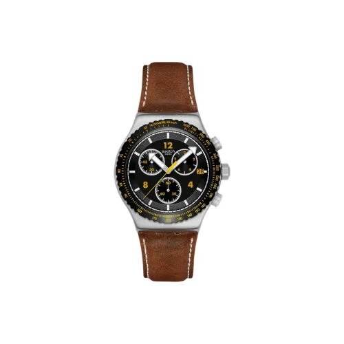 Swatch Essentials Collection Кварцевый механизм Унисекс Часы 43 мм Черный циферблат Корпус из нержавеющей стали Кожаный ремешок