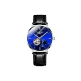 Белый корпус, синий циферблат, черный ремешок.