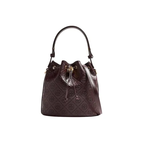 TORY BURCH T Monogram Кожа Ведрообразная Сумка Сумка через плечо Сумка для женщин Темно-бордовый цвет