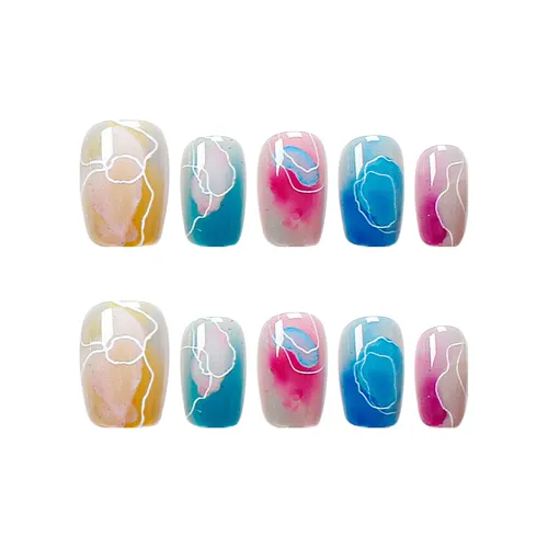 Yun Yue Joe Trace Многоцветный Смешанный Осветляющий Разрисованный Линия Стиль Instagram False Nail Короткий LADDER 15 мм