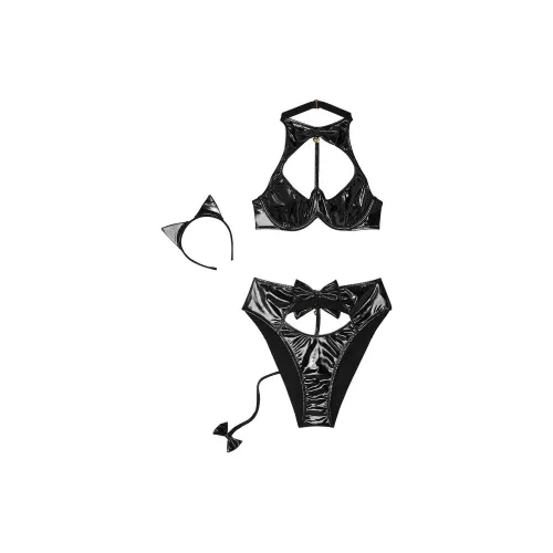 Victoria's Secret Very Sexy Tease Patent Костюм с ушками кошки Набор B Набор нижнего белья Женский Черный