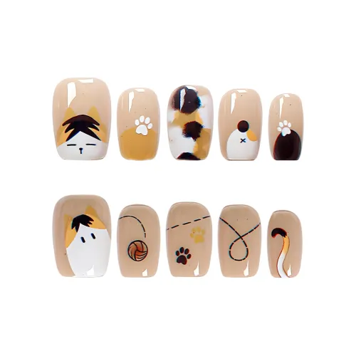 Yun Yue Joe HAND DRAWN Мультяшный Кошка Линии Осветляющий Светло-Коричневый Милый Детство Веселье False Nail Короткий ЛАДЬЯ 15мм