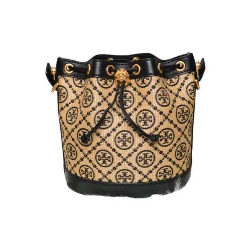 TORY BURCH T Monogram Кожа Ведро Сумка Портативная Сумка через плечо Сумка через плечо Средняя Женская Бежевая и Черная