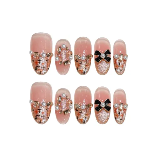 Yun Yue Joe CHANEL Inspired Мягкий Сверкающий страз Бант Осветляющий Жемчужный Телесный Мелкие блестки False Nail Овал 20 мм