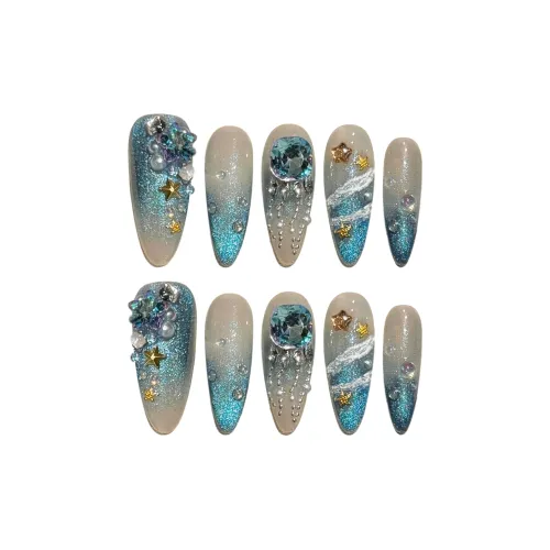 Yun Yue Joe The Little Mermaid Осветляющий Тяжелый Синий Градиентный Шimmer Rhinestone Украшенный False Nail Овальный 25 мм