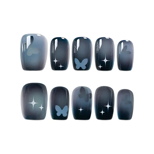 Yun Yue Joe Cut Out Бабочка Осветляющий Элегантность Синий Звездное Небо False Nail Короткий LADDER 15 мм