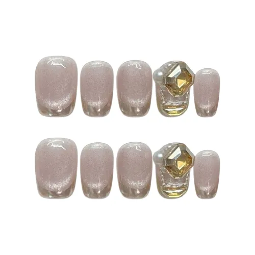 Yun Yue Joe Французский Розовый Кошачий глаз Шампанское золото Сверкающий страз Мягкий False Nail Короткий LADDER 15mm