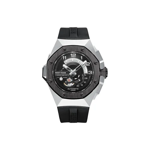 REEF TIGER Business Casual Sports Watch Автоматический механический механизм Резиновый ремешок Часы Мужские Черный циферблат