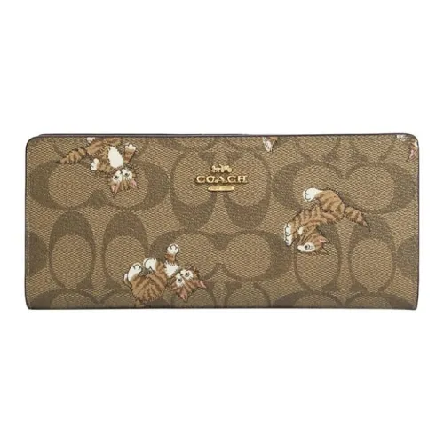 COACH Slim Wallet ICONIC Холст с покрытием и гладкая кожа Клатч Кошелек Женские Хаки