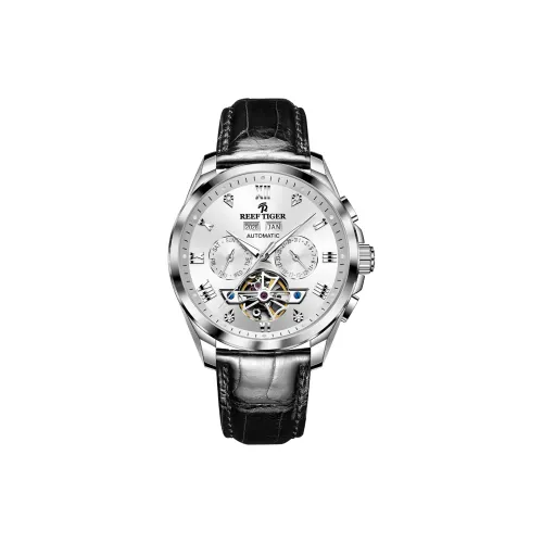 REEF TIGER Автоматический Механический Механизм Кожаный Ремешок Часы Мужские Белый Циферблат