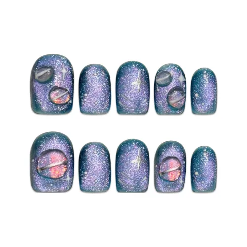 Yun Yue Joe Синий Кошачий глаз Осветляющий Handcrafted False Nail Короткий LADDER 15 мм