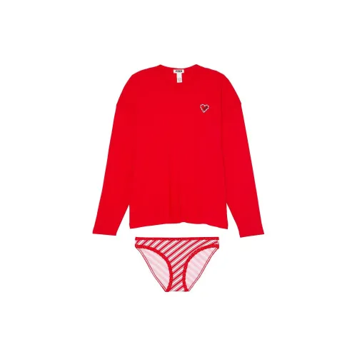 Victoria's Secret Розовый Хлопок Длинный Рукав Т-рубашка и Трусы Комплект BVS Пижамный Комплект Женский Вермильон