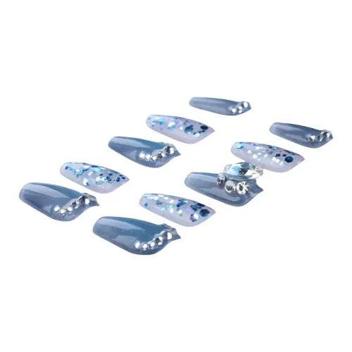 Yun Yue Joe Синий Элегантность Сверкающий страз Handcrafted False Nail Короткий LADDER 20 мм