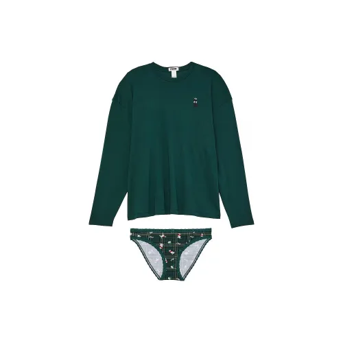 Victoria's Secret Розовый Хлопок Длинный Рукав Т-рубашка и Трусы Комплект FGD Комплект Пижамы Женские Темный Лес