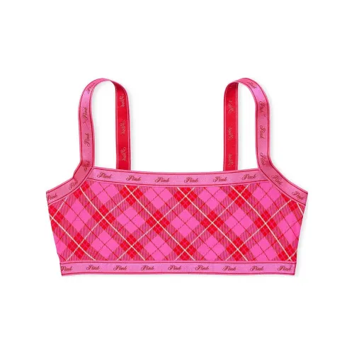 Victoria's Secret Розовый Bralettes Tops Логотип Хлопок Straight Шея Bralette PARPP Бюстгальтер Женские Красная Клетка