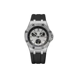 Белый корпус, белый циферблат, черный ремешок.