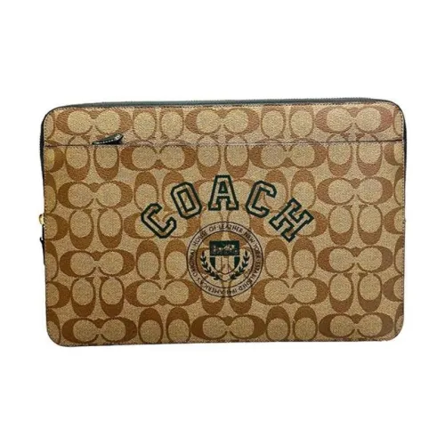 COACH Холст с покрытием и гладкая кожа Клатч Ноутбук Сумка Большая Женская Хаки
