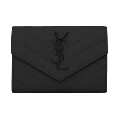 SAINT LAURENT MonogramCASSANDRE Quilted Кожа Конверт Сумка Кошелек Держатель для карт Маленький Женский Черный