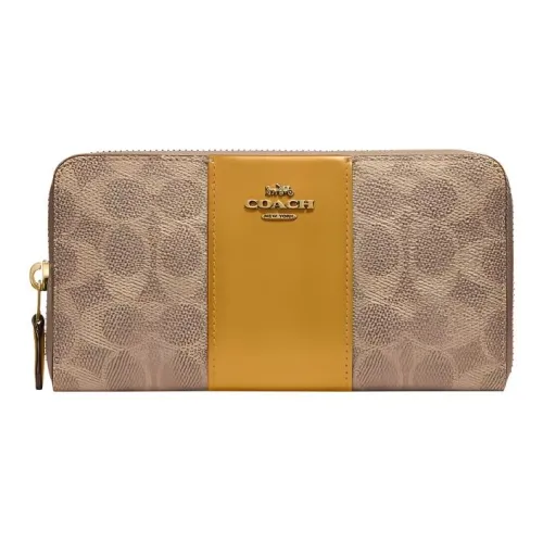 COACH Accordion Zip Wallet Холст с кожей Клатч Кошелек Женские Желтый Коричневый монограмма