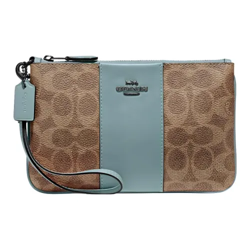 COACH Wristlet Покрытый холст с телячьей кожей кошелек для монет клатч сумка на запястье маленькая женская хаки и озеро аква-зеленый
