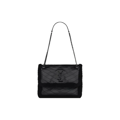 SAINT LAURENT Sheepskin Корова Кожа Хобо Сумка Сумка через плечо Средняя Женская Черная