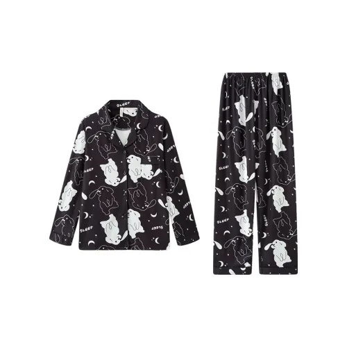 Сон Студенты Квартира Домашний Верхняя одежда Готовый Комплект пижам Женские Черный