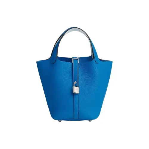 HERMES Picotin Lock Clemence Bullock Кожа с Swift Телячья кожа Ведрообразная сумка Женская Hydra Синий