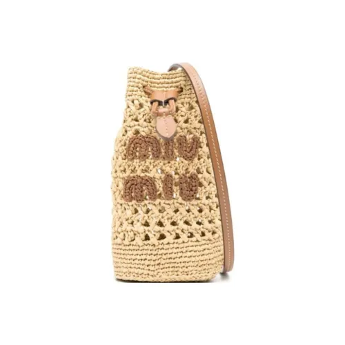 MIU MIU Телячья кожа с соломенной тканью ведрообразные сумки сумки через плечо сумка на плечо женская бежевый и коричневый