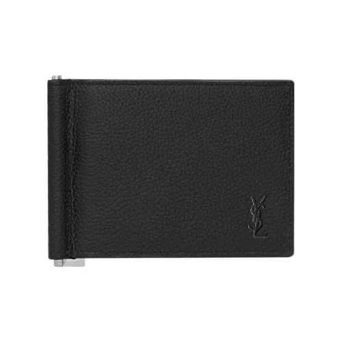 SAINT LAURENT CASSANDRE GRAIN LEATHER Check Hold Wallet Men's Black